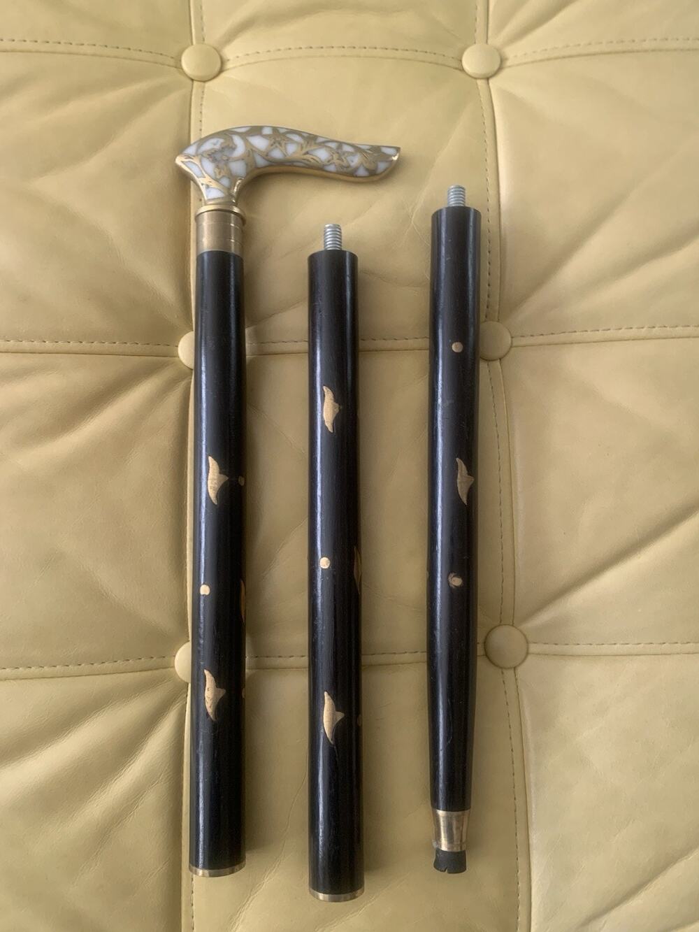 Vintage Wooden Walking Cane Stone w/ Inlaid Brass ( 37")